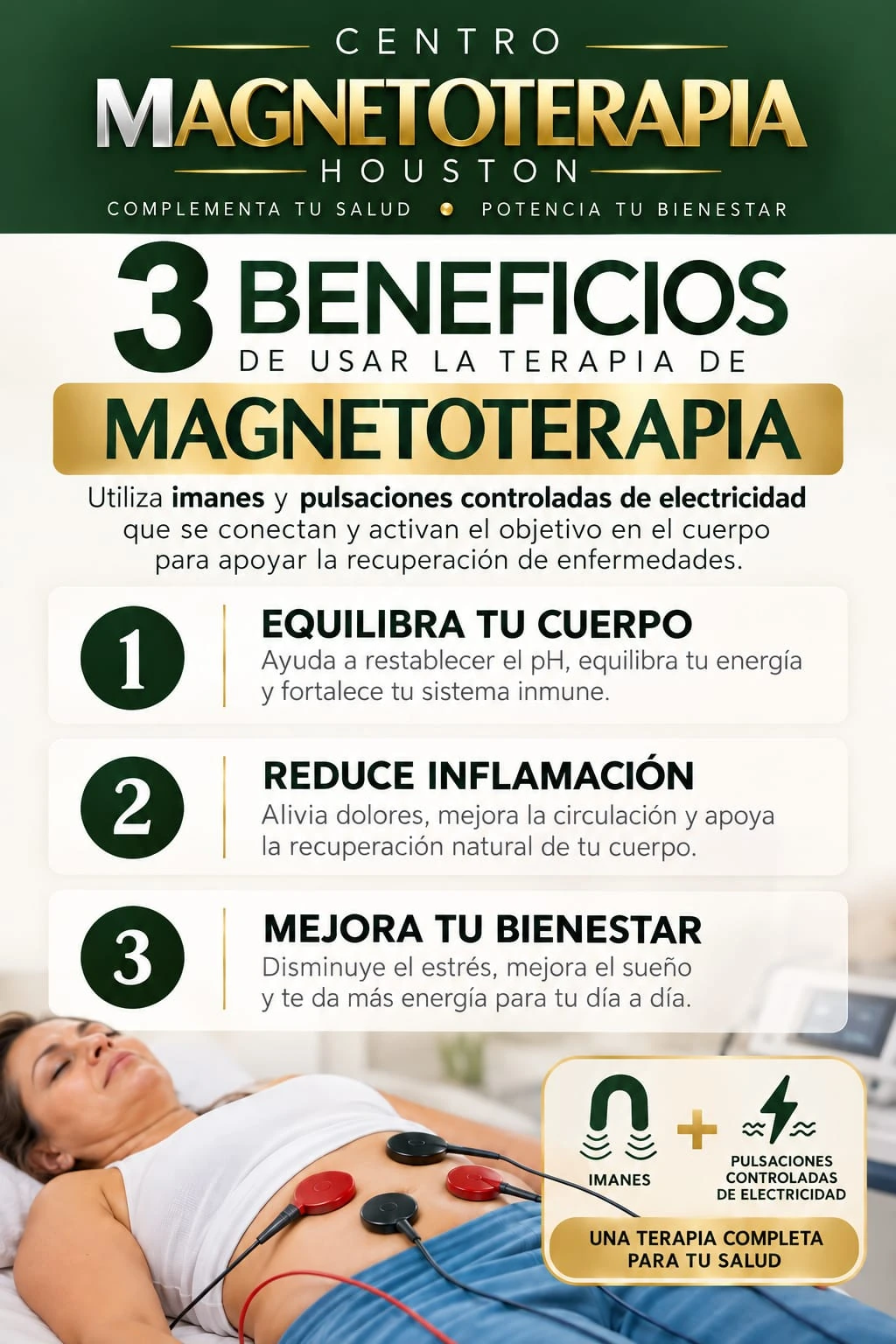 Tres beneficios de la Magneto Terapia presentados en una infografía